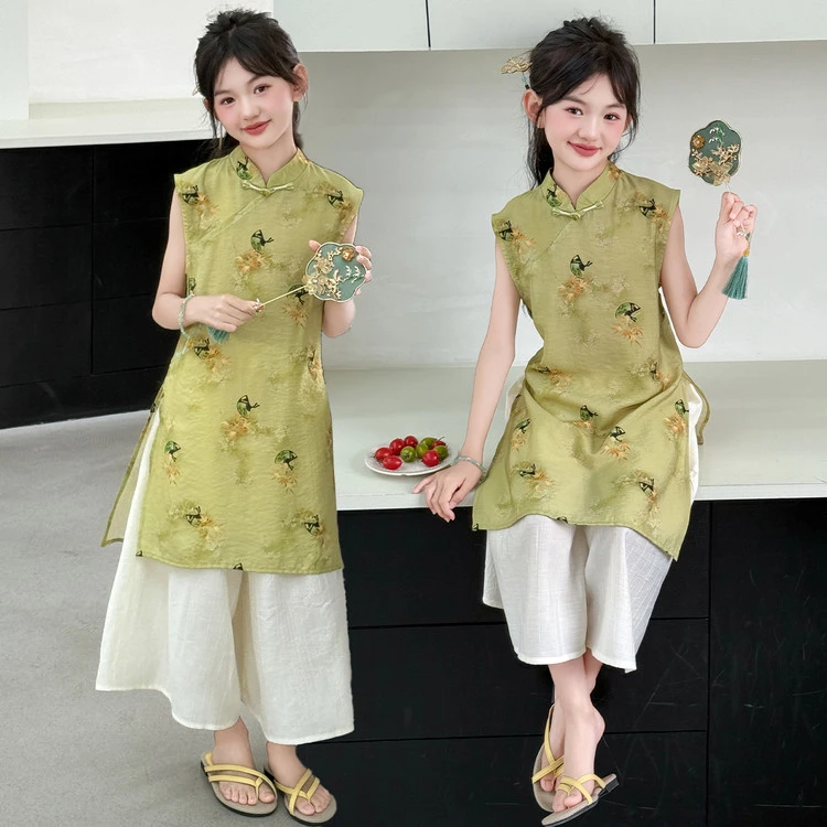 女童夏季旗袍套装2025新款女孩大童新中式连衣裙儿童夏天国风汉服