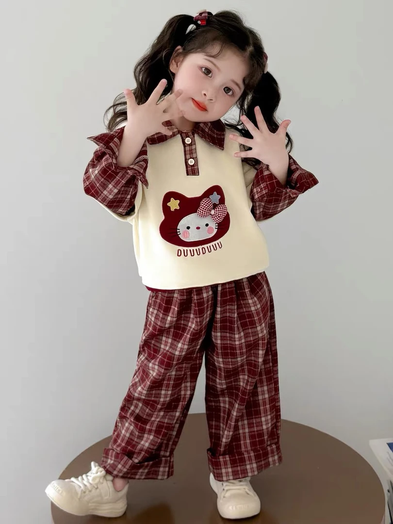 秋季春秋格子女少女风套头套装宽松韩版女孩中大童