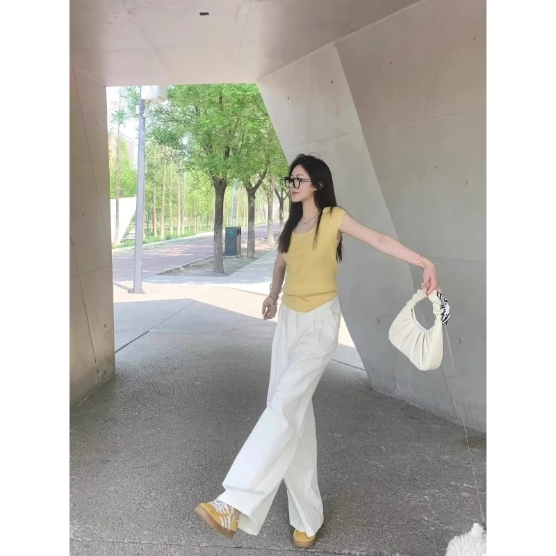 纯棉酵洗加柔白色休闲薄款阔腿裤女秋季2025新款松弛宽松直筒长裤
