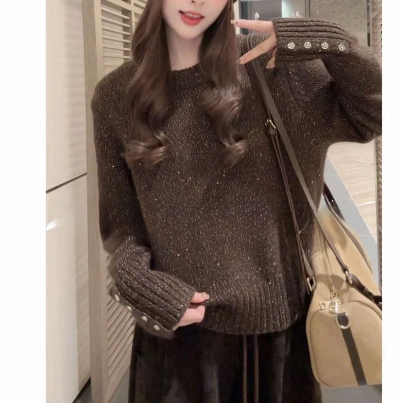 法式温柔氛围感袖子排扣软糯亮片毛衣2025新款秋冬宽松长袖针织衫