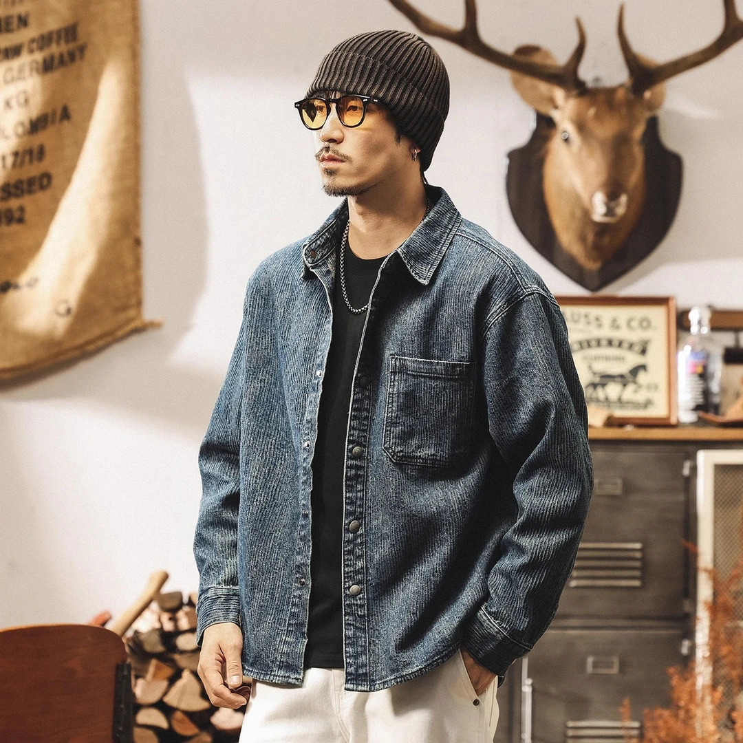 美式复古提花条纹牛仔外套男秋季新款衬衫男长袖潮牌宽松休闲衬衣