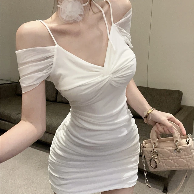 后妈裙纱挂脖吊带连衣裙女夏季御姐辣妹性感包臀裙一字肩抹胸裙子