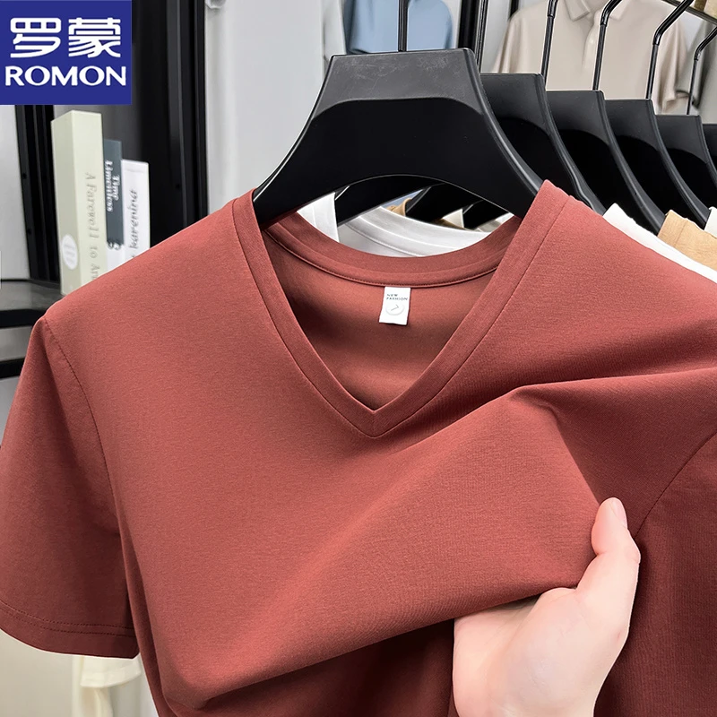 罗蒙夏季纯色V领男士短袖棉T恤宽松半袖男装简约鸡心领纯色上衣男