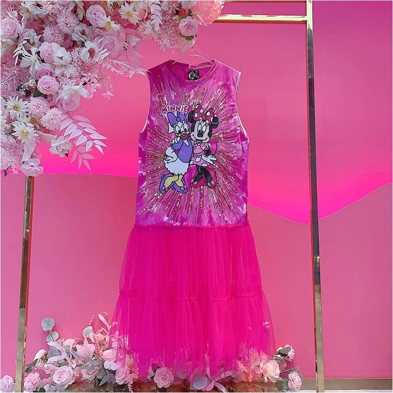 A2602欧美设计师2025夏季新款重工刺绣亮片印染卡通拼纱连衣裙女