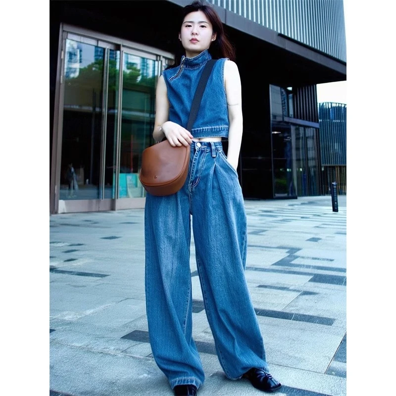 复古牛仔套装女2025时尚显瘦炸街设计感立领拉链马甲阔腿裤两件套