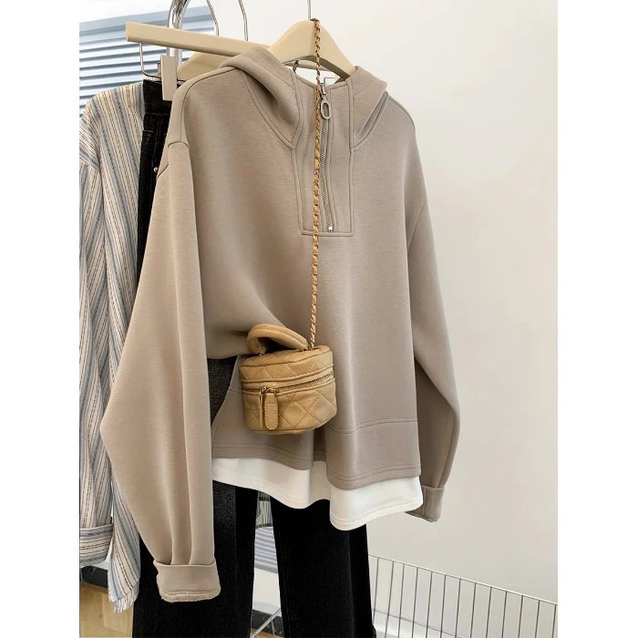 特大码300斤撞色拼接假两件洋气卫衣初秋男女复古休闲半拉链帽衫