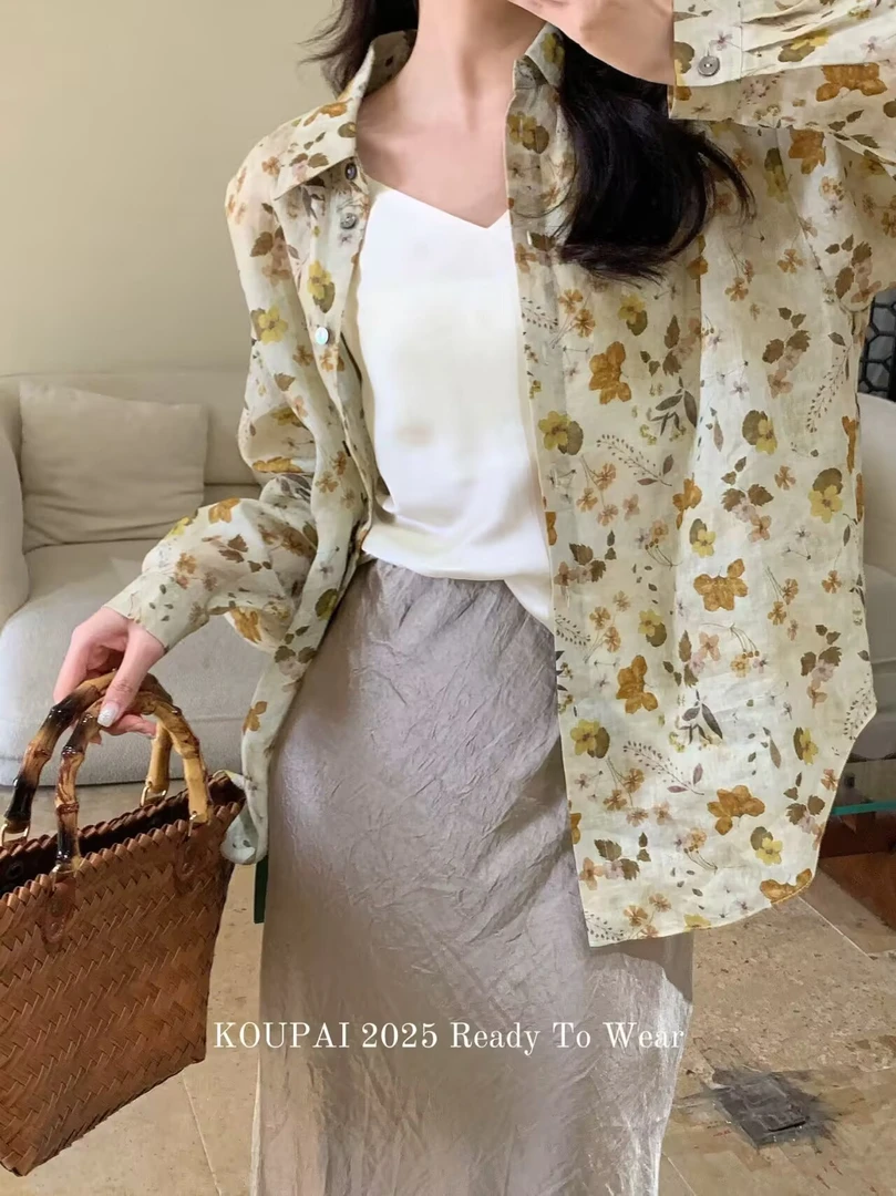 文艺复古法式复古设计感风叶棉麻印花长袖衬衫女宽松显瘦碎花上衣