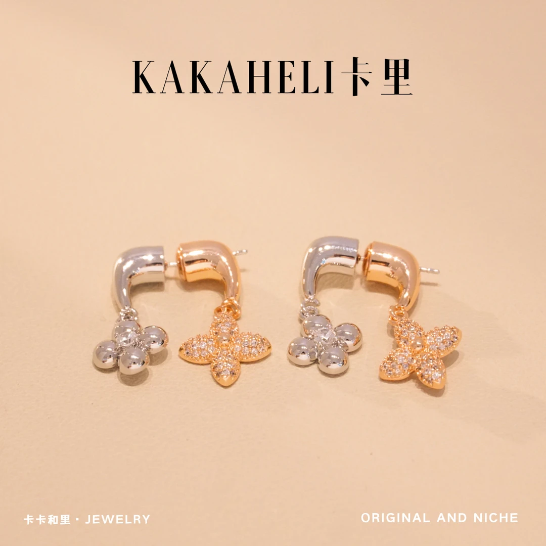 铜合金合成锆石耳饰 风拂双花个性小众耳钉 ES-144