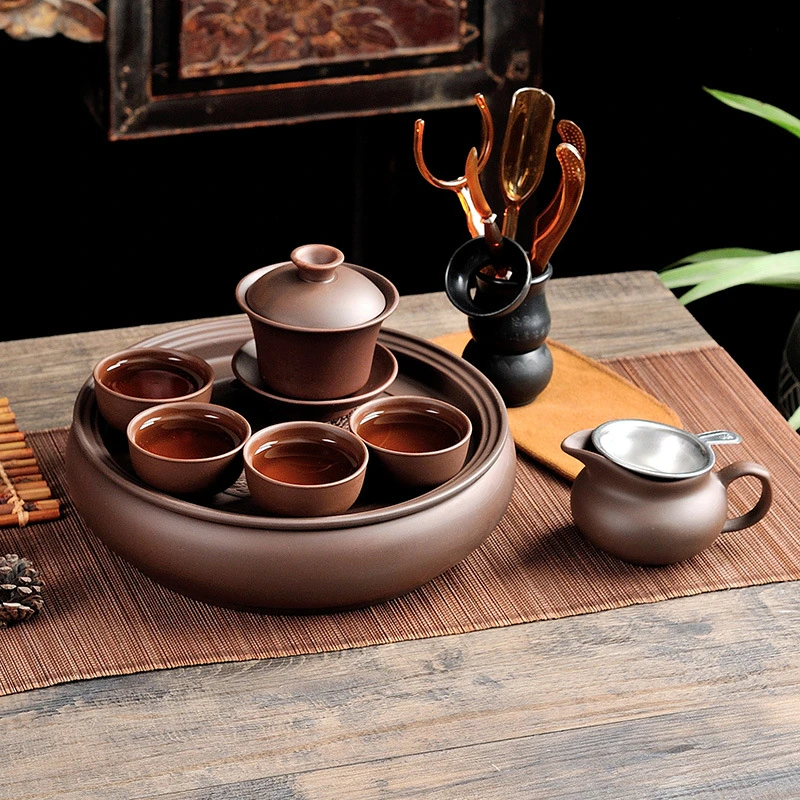 中式茶具套装宜兴功夫茶具 泡茶器家用紫砂茶壶茶杯9英寸茶盘整套