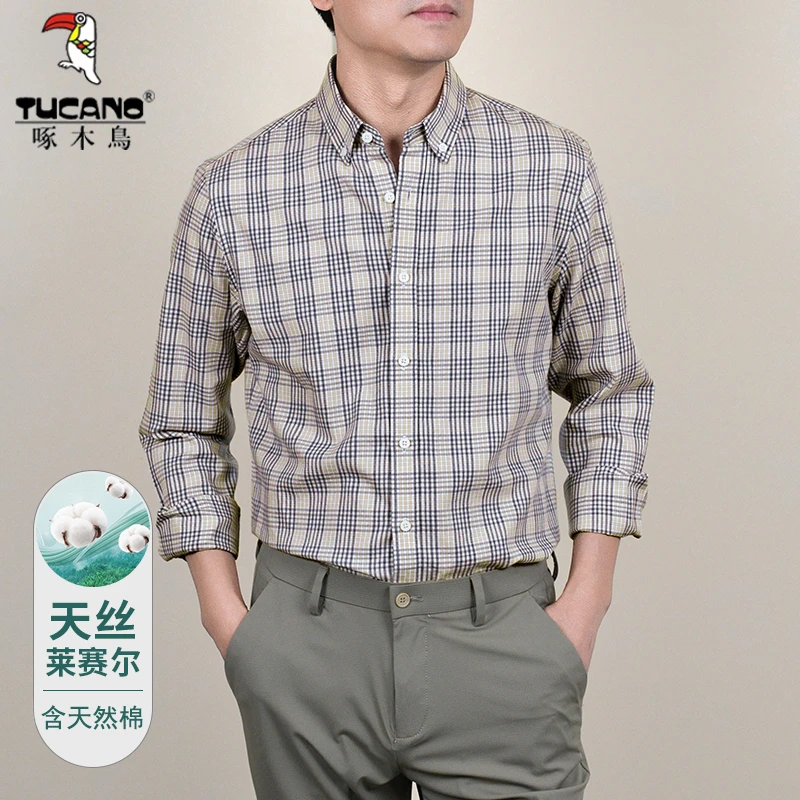 TUCANO/啄木鳥中老年爸爸装休闲格子衬衫男士春季新款天丝棉衬衣