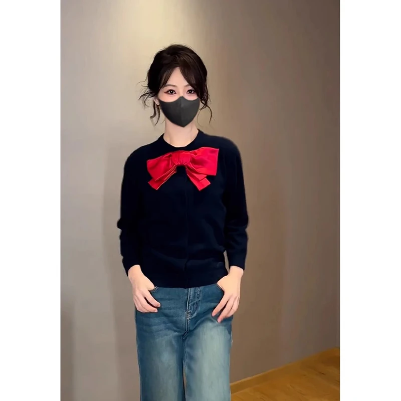 杨紫同款一整套ootd穿搭减龄黑色针织毛衣牛仔裤两件套装女装春装