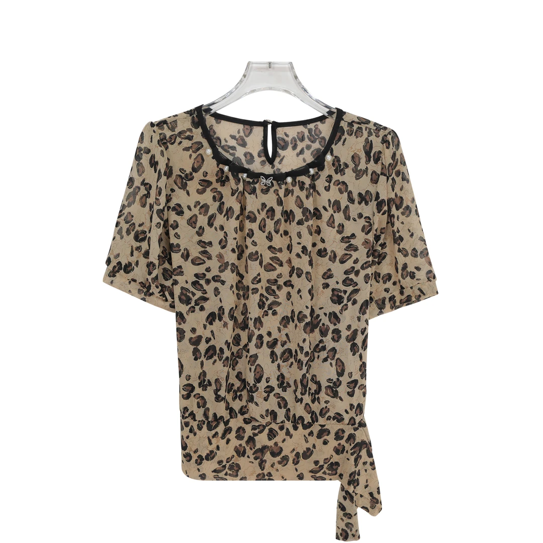 复古圆领百搭舒适设计感钉珠气质T恤X26733