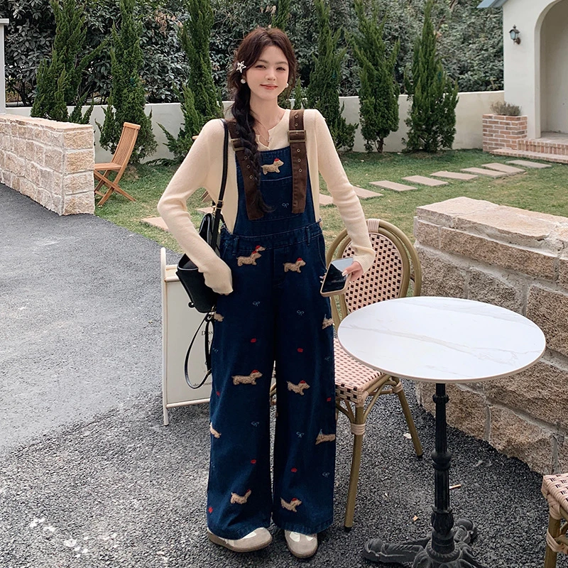 刺绣腊肠狗牛仔背带裤女2025新款夏复古宽松阔腿裤减龄连体长裤棉