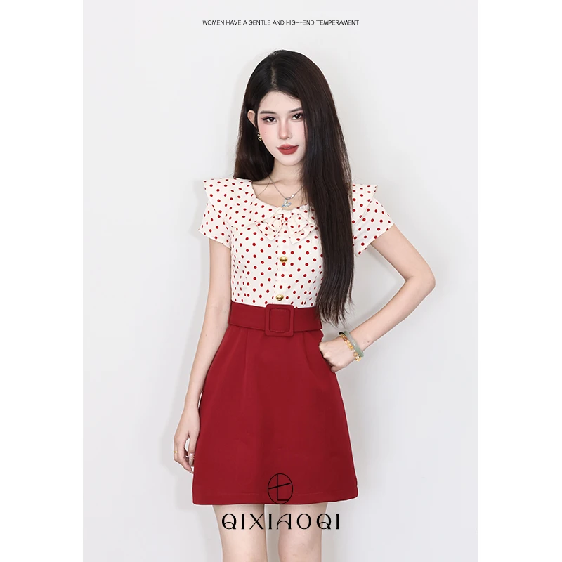 七小七Sicily【红磨坊舞曲】法式明媚气质感复古红色波点连衣裙女