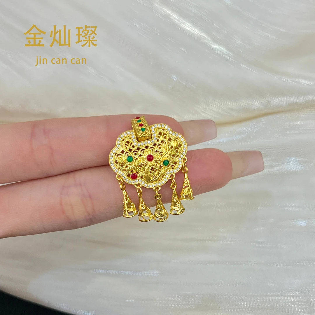 足金999古法镶嵌镂空长命锁铃兰花流苏如意锁古风设计水贝黄金