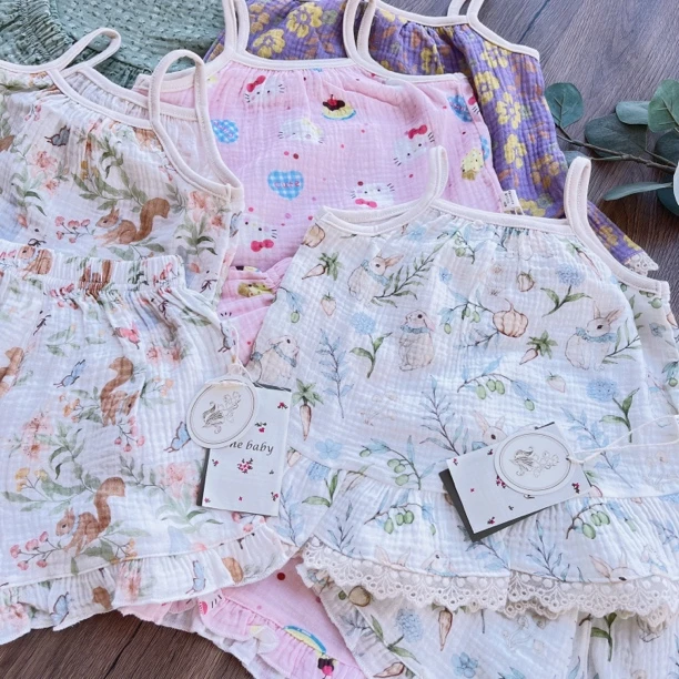 日单夏季女宝棉纱吊带套装唯美小清新两件套