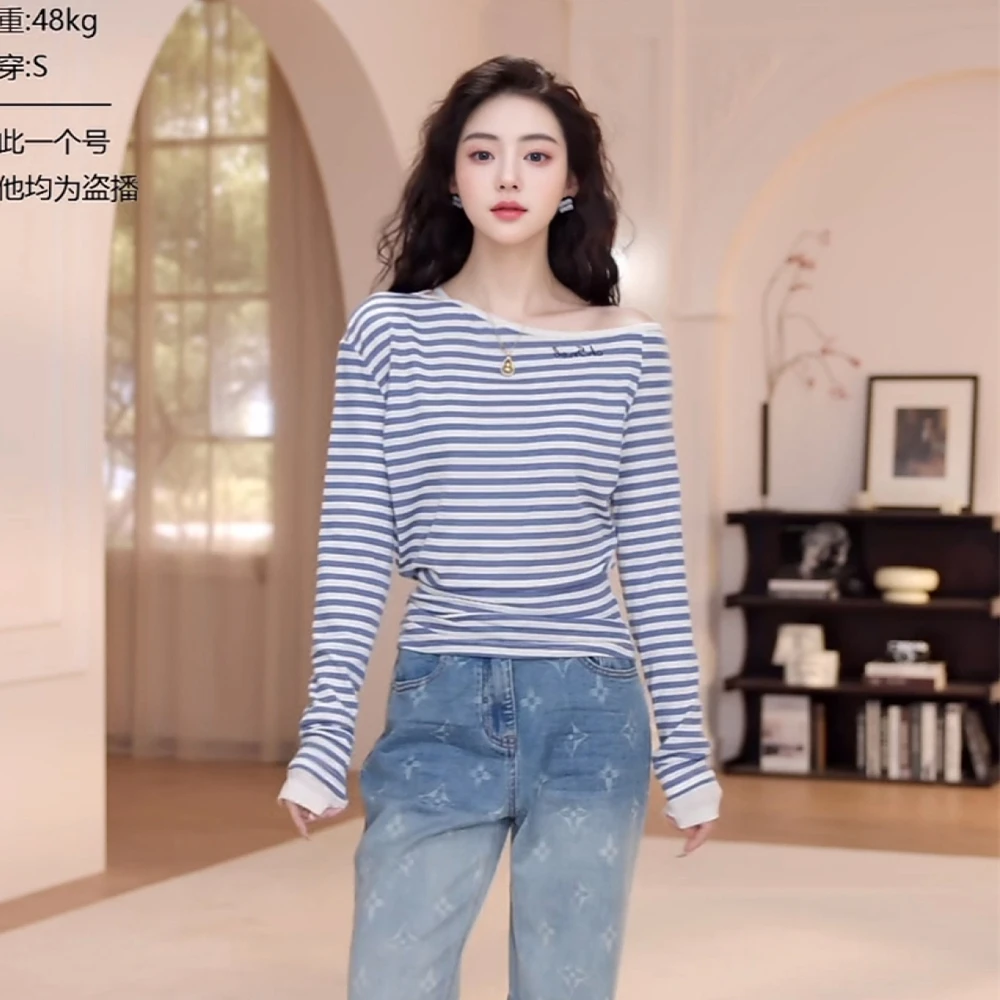 春夏气质显瘦休闲百搭修身小心机斜领露肩条纹针织上衣女长袖5006