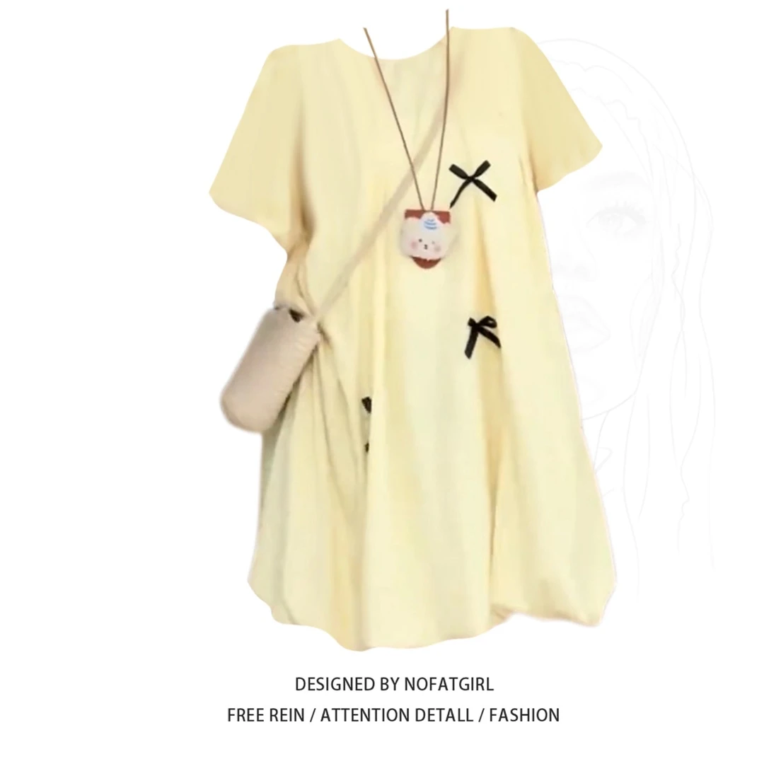 大码胖MM法式复古蝴蝶结连衣裙女夏季新款宽松显瘦气质减龄花苞裙