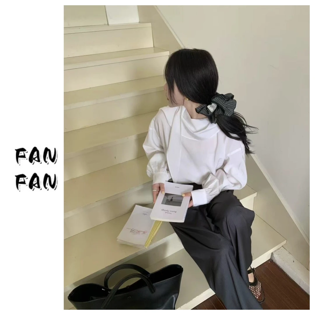 FANFAN 【飘带领灯笼袖】纯色简约衬衫