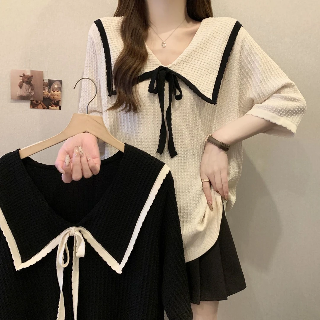 时尚新款胖MM大码冰丝针织短袖T恤小众设计感蝴蝶结休闲减时尚女