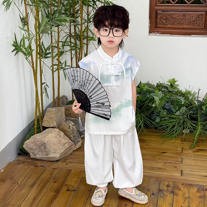 儿童汉服无袖套装2025夏季新款男童宝宝国风古风唐装夏装演出衣服
