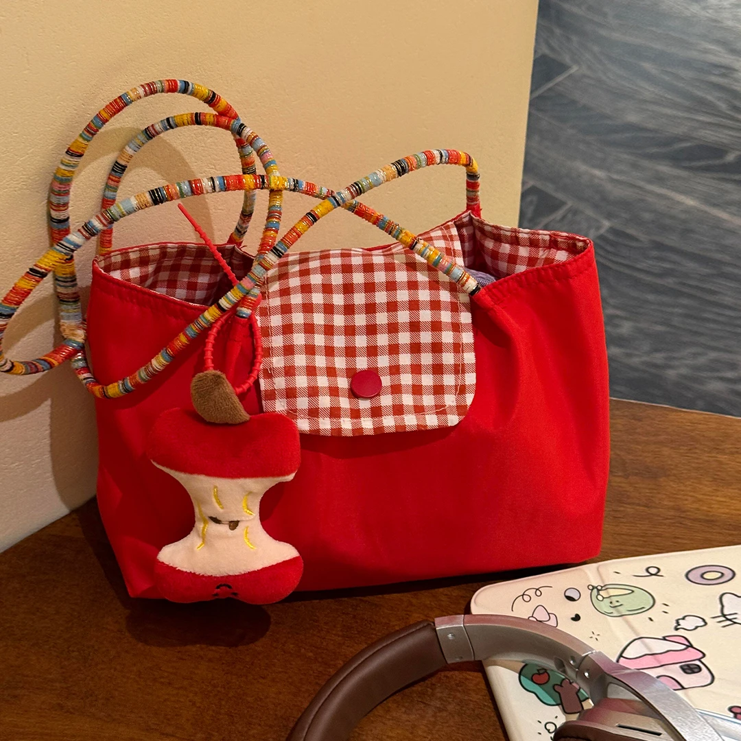 小众新款红色大容量通勤托特包上班上课编织红色包包手拎帆布包