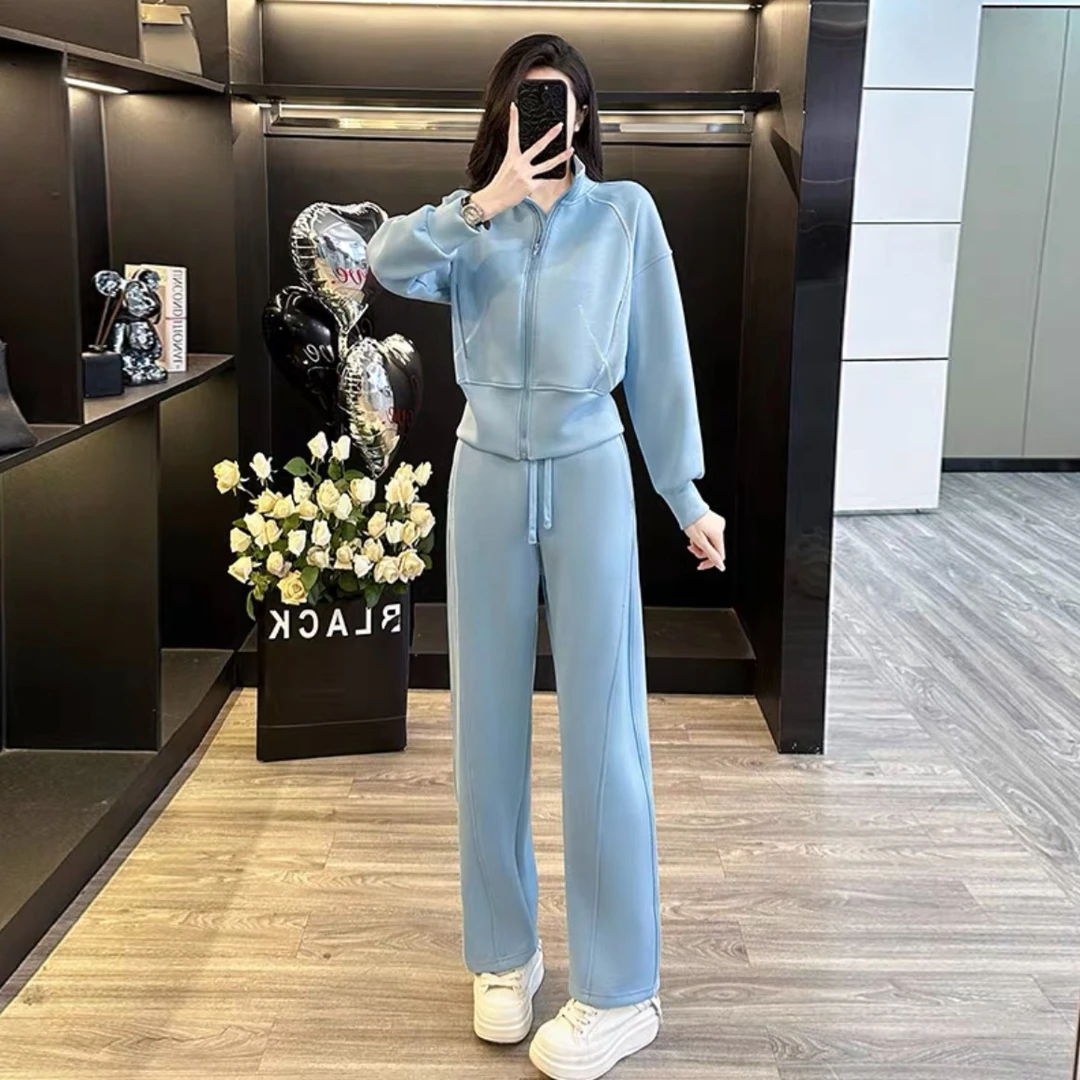 蓝色运动休闲套装气质女冬季宽松显瘦减龄洋气炸街卫衣卫裤两件套