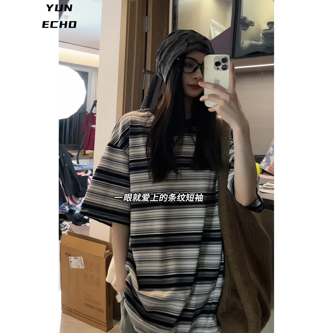 美式复古短袖男女夏季设计感高街百搭宽松休闲条纹T恤情侣上衣潮