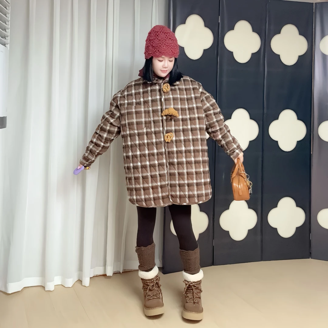 RIMK咖色手工钩针面包格纹衬衣翻领长袖棉服女24新款