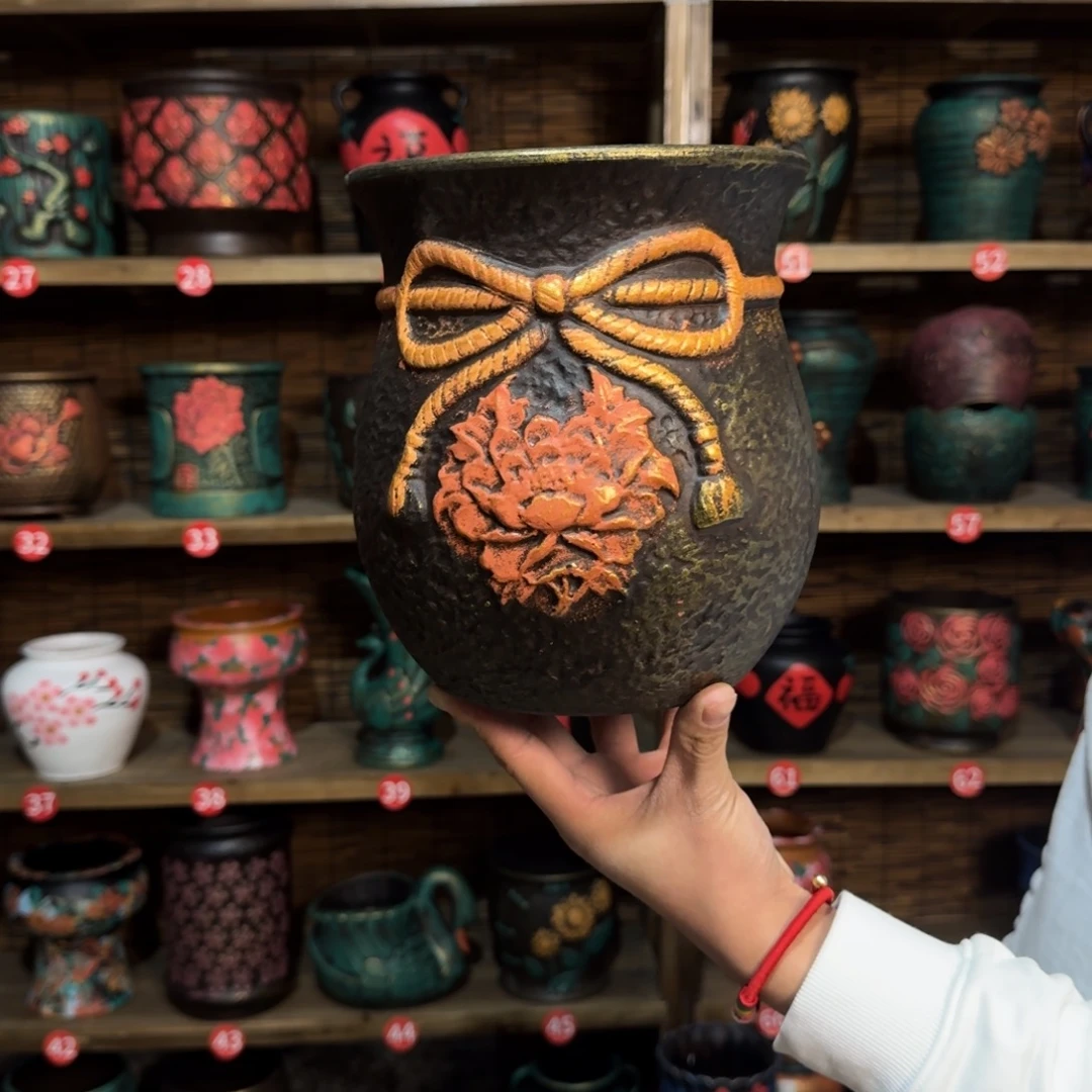 映***红带孔高端浮雕花盆炸炸炸炸