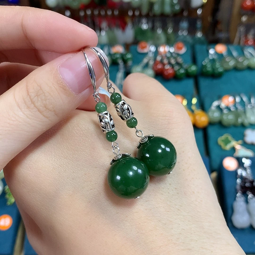 和田玉（碧玉）银S925镶嵌耳饰卡14左右