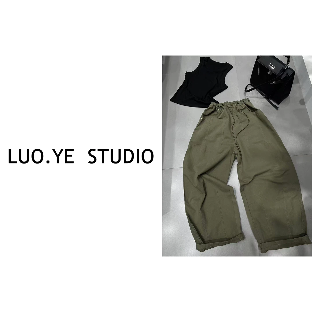 罗爷 · 【肉桂晨雾】欧货军绿腰抽绳口袋工装裤阔腿休闲百搭显瘦
