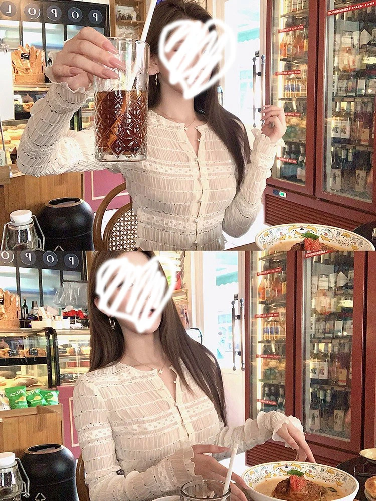 韩系千金风蕾丝珠片长袖开衫女春秋新款小众镂空薄款气质衬衫上衣