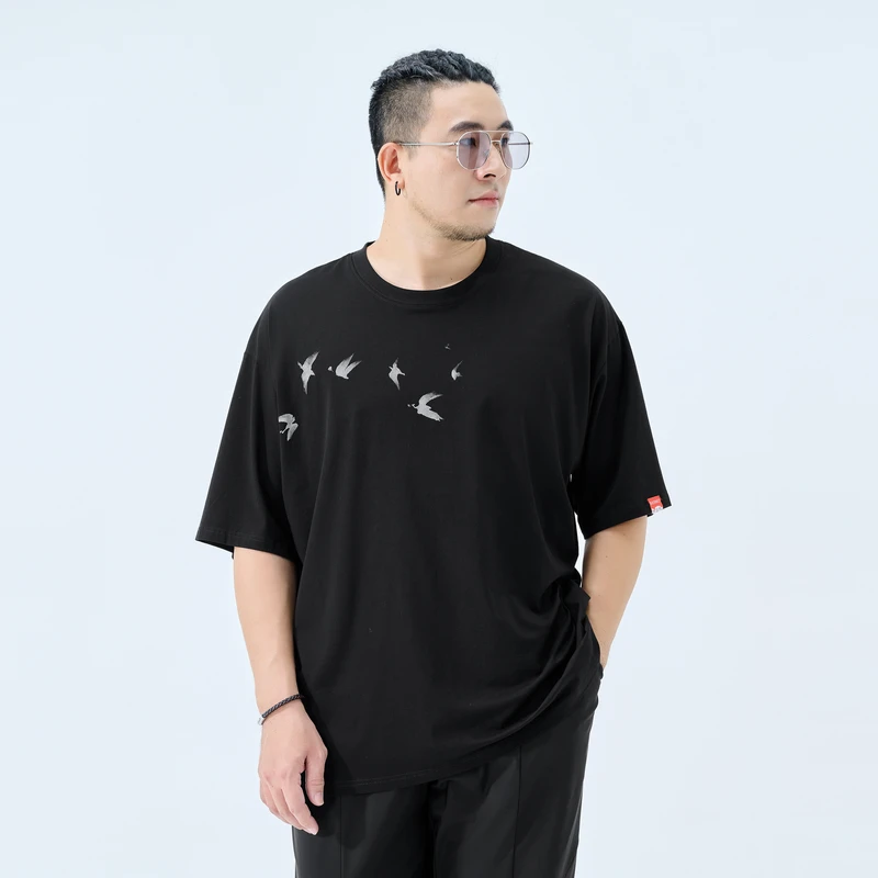 半墨大码男装休闲冰感短袖宽松印花体恤春季新款加肥加大上衣3142