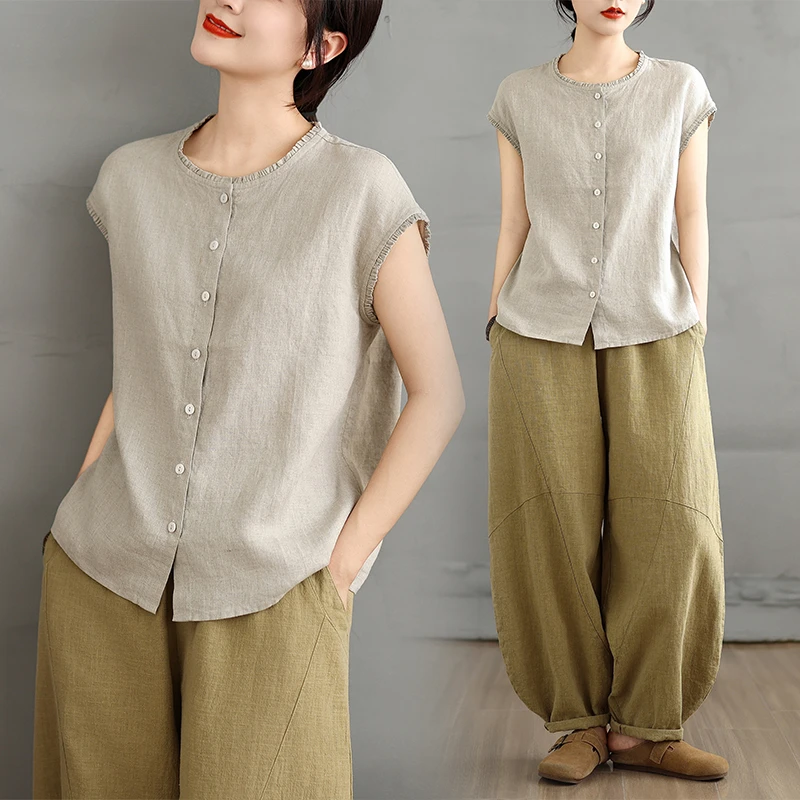 大码显瘦休闲2025夏季清凉棉麻无袖上衣木耳边文艺复古宽松T恤