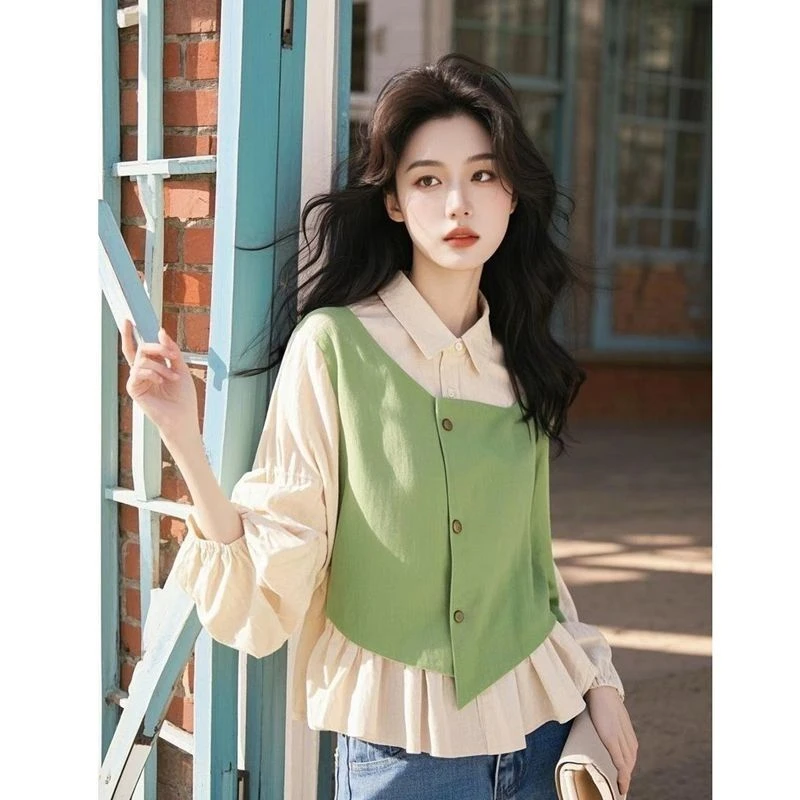2025春季新款小衫超好看独特漂亮设计感显瘦绿色假两件拼接娃娃衫