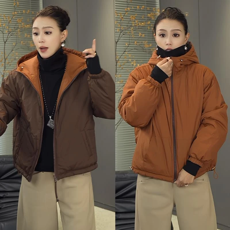 欧货双面穿撞色连帽棉服外套女2025冬季休闲百搭轻薄防风保暖上衣