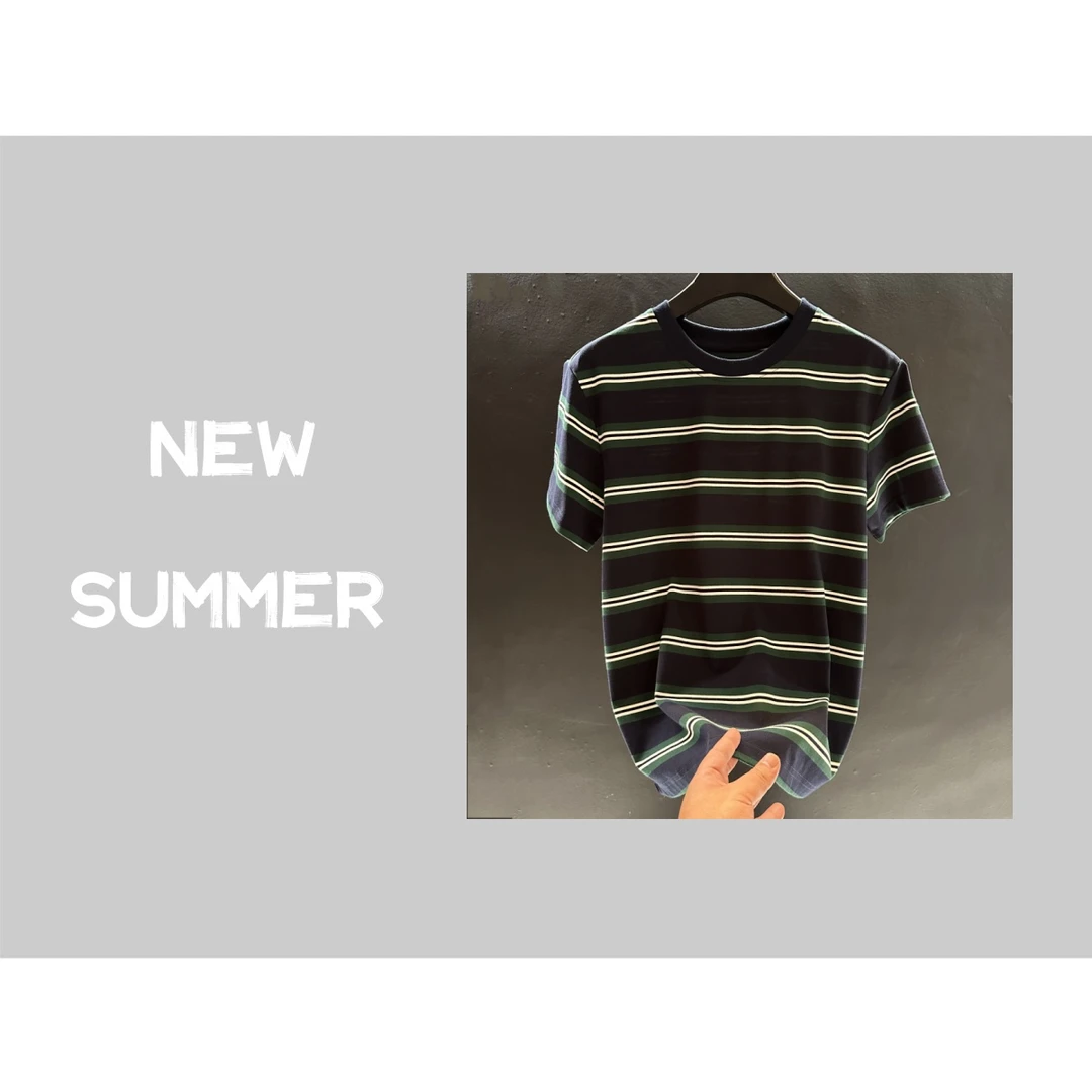 潮流条纹短袖圆领宽松型条纹T恤百搭时尚上衣短袖6064如
