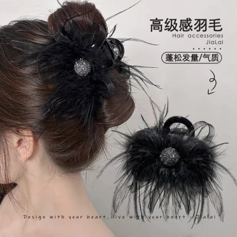 XY高级感羽毛水钻蝴蝶结抓夹后脑勺盘发夹百搭鲨鱼夹子发饰1340