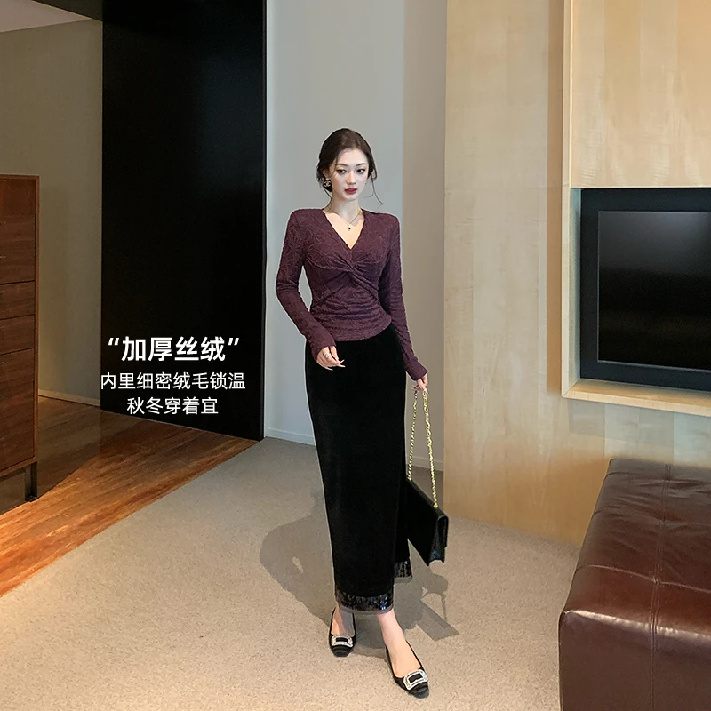 林关关【暗夜绒歌】复古优雅女秋冬包臀裙蕾丝拼接加绒丝绒半身裙