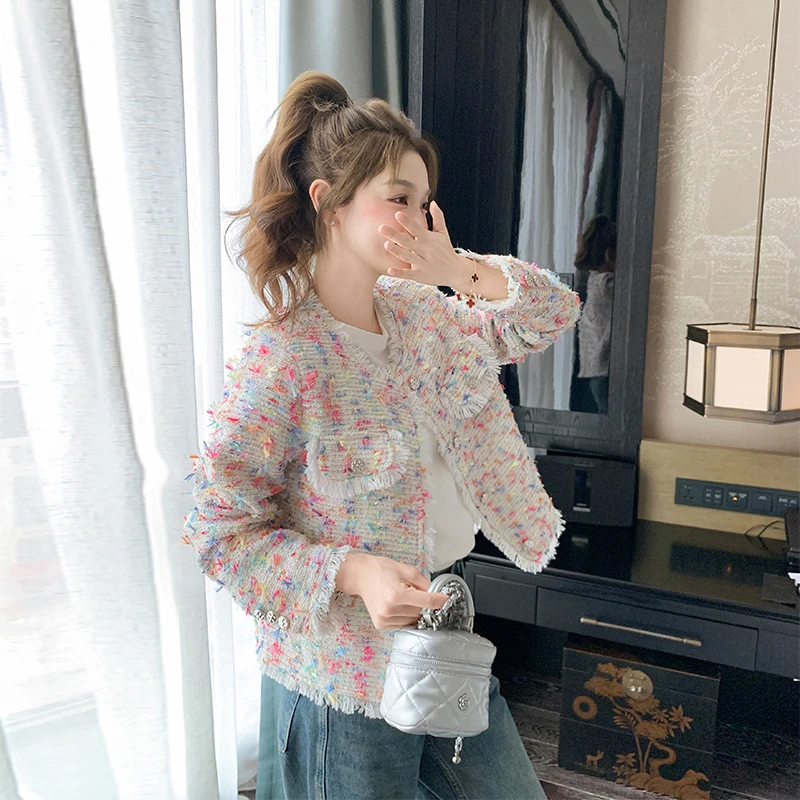 彩虹色小香风外套女春气质温柔风设计感小众粗花流苏短款长袖上衣