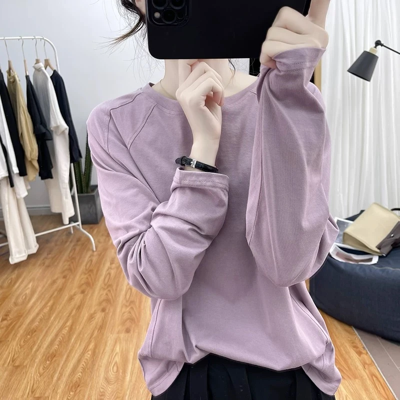 紫色T恤女2025早秋圆领宽松爆款百搭上衣92棉长袖基础款打底衫T恤