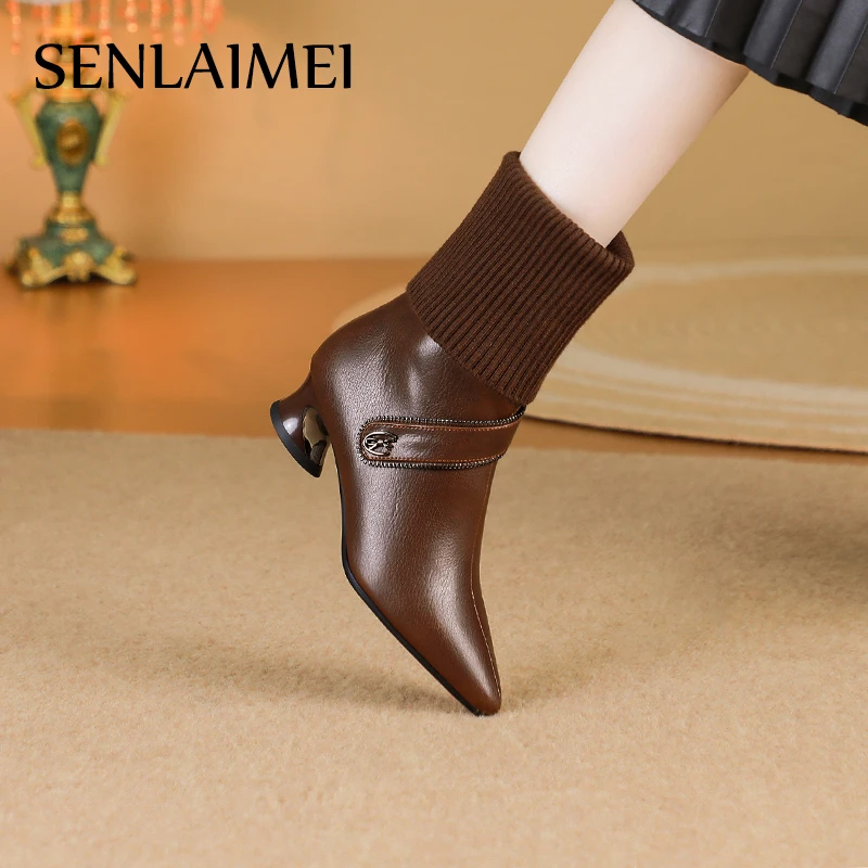 SLM真皮袜靴34-42/8930新款女鞋秋冬针织毛线真皮短靴高跟女靴子