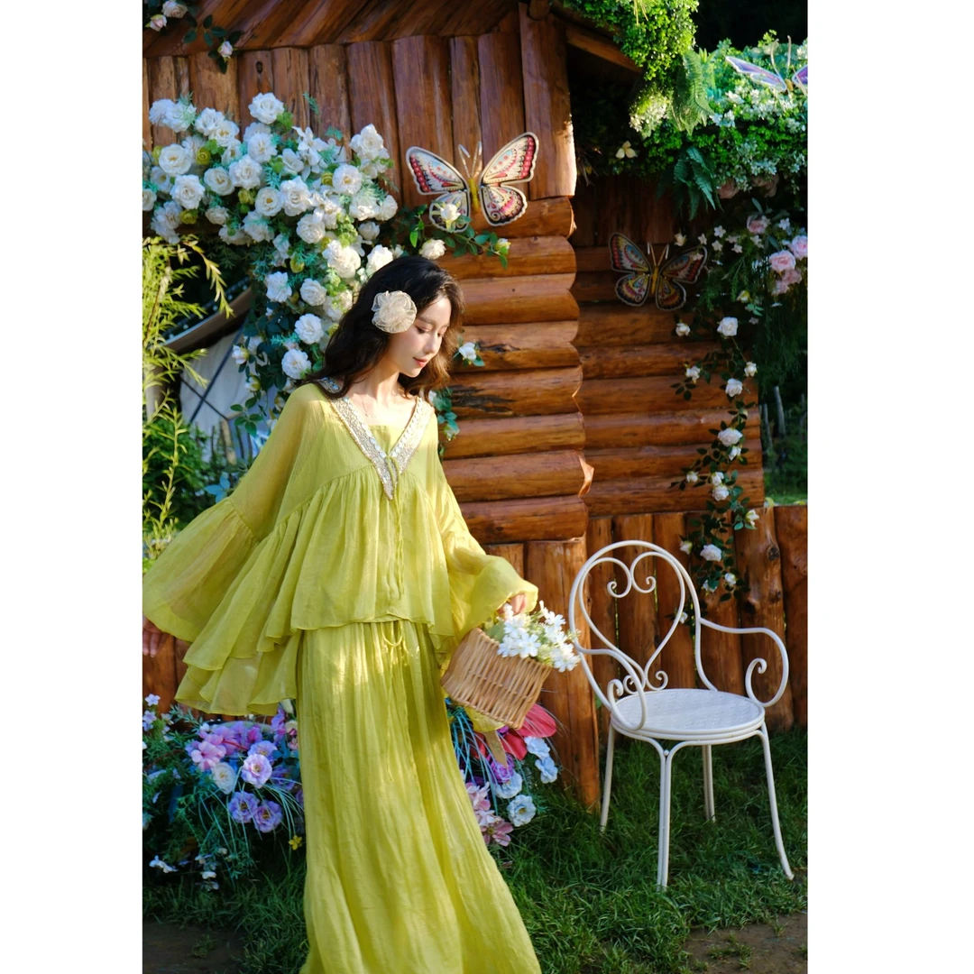 【神明少女】原创设计新款民族遮肉显瘦度假日常仙气套装裙裤