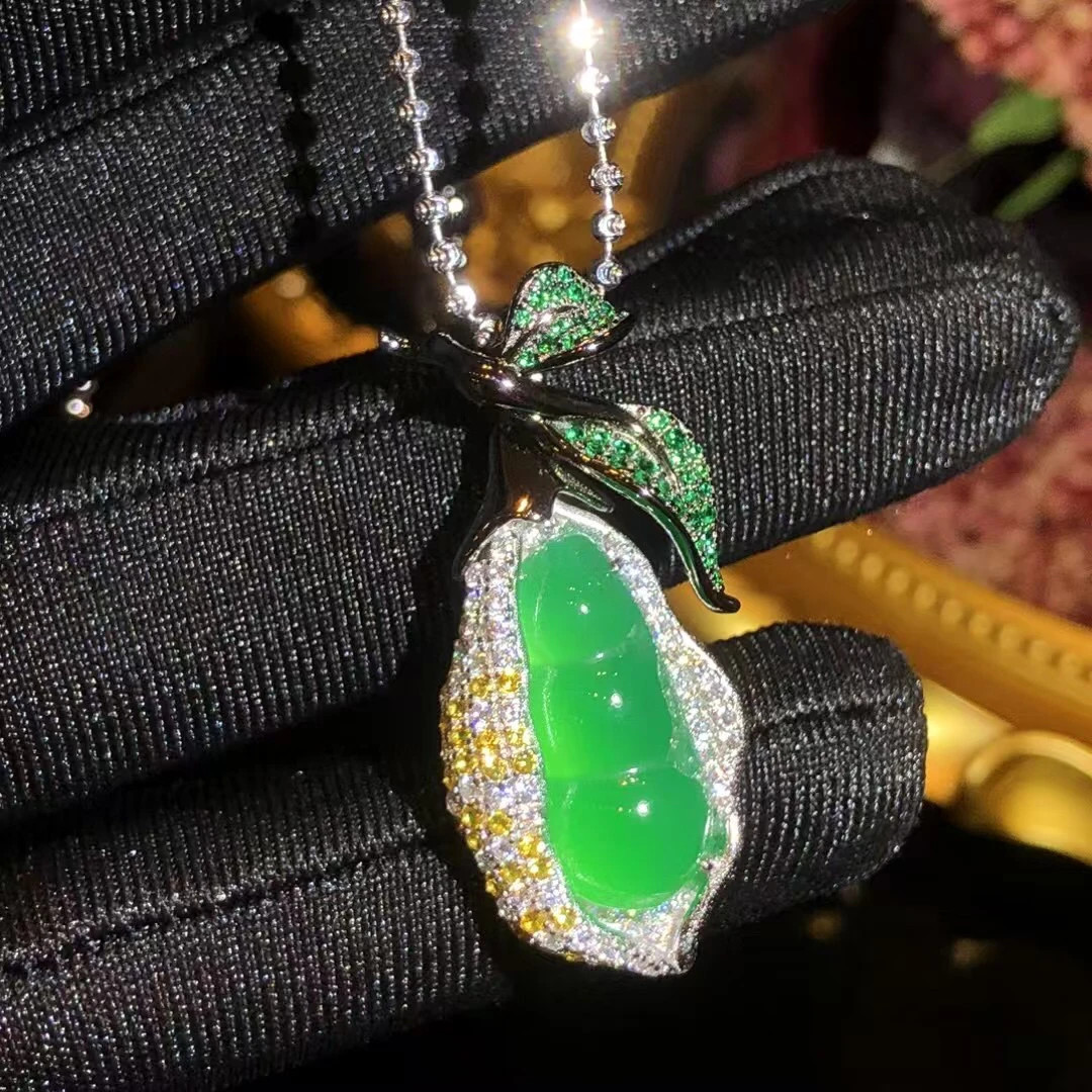 s925银分色镀乌金设计款项链女玉石坠链颈饰新中式送女友礼物福豆