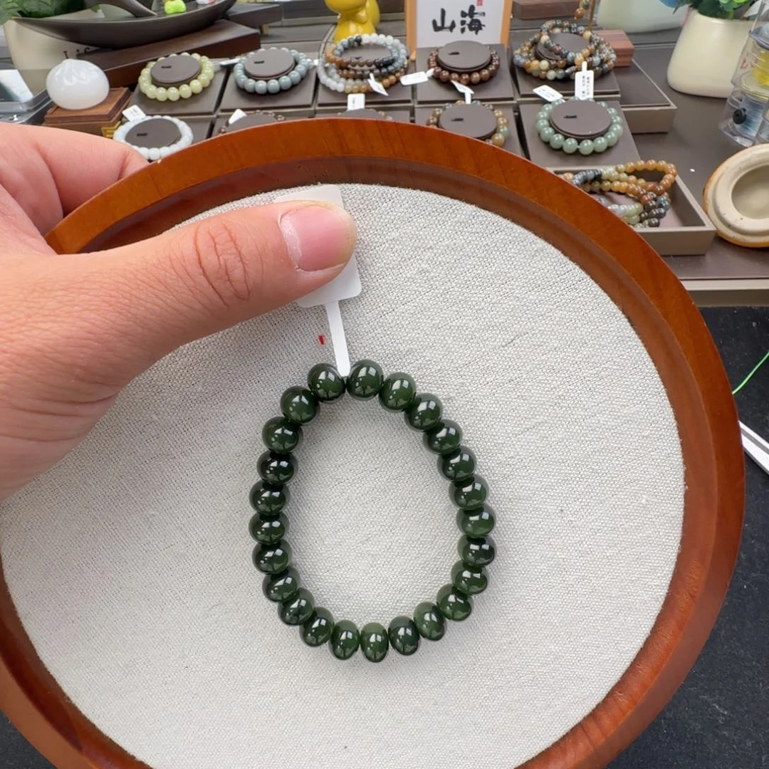 和田玉未镶嵌手链卡10黑猫算盘珠，3