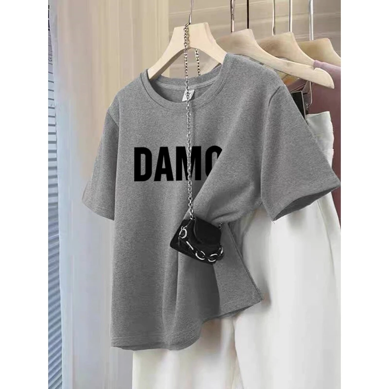 磨毛厚款正肩短袖t恤女2025新款秋季新款灰色上衣纯棉百搭打底衫