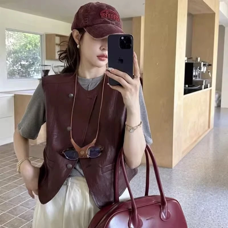 欧货复古PU皮马甲女外穿2025早秋新款安可拉红无袖坎肩皮马夹6689