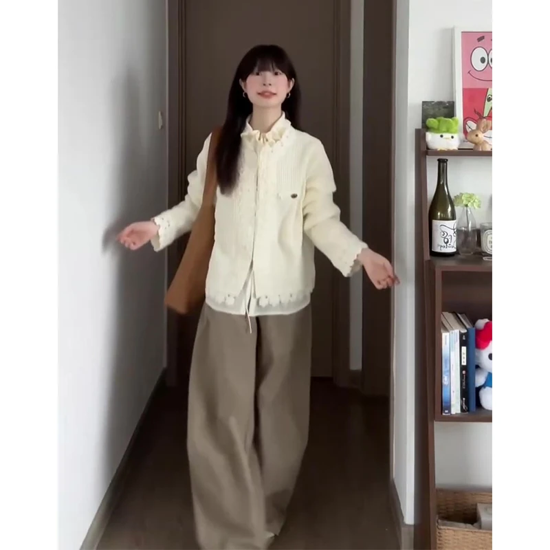 韩系穿搭设计感毛衣开衫内搭衬衫高腰显瘦阔腿长裤套装女X11399