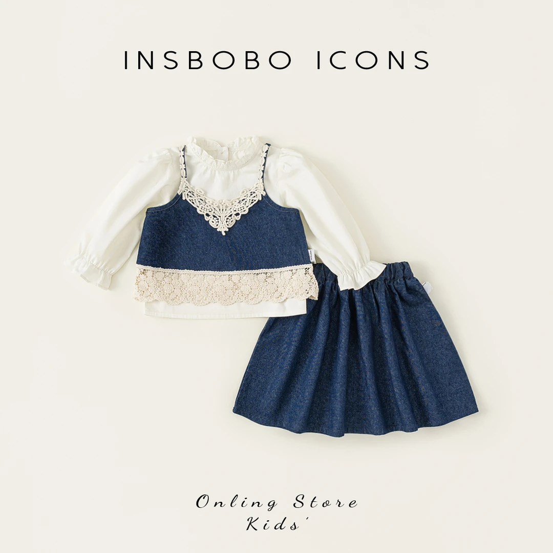INSbobo儿童套装灯笼袖衬衫+百搭吊带+半身裙三件套CT25014